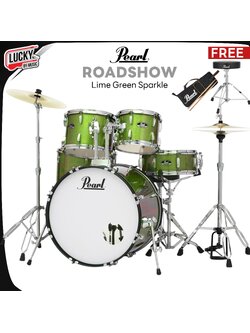 กลองชุดใหญ่ Pearl Roadshow Lime Green Sparkle พร้อมอุปกรณ์ครบชุด กระเดื่องโซ่คู่ ขาตั้งและเก้าอี้ เป็นขาคู่แข็งแรง