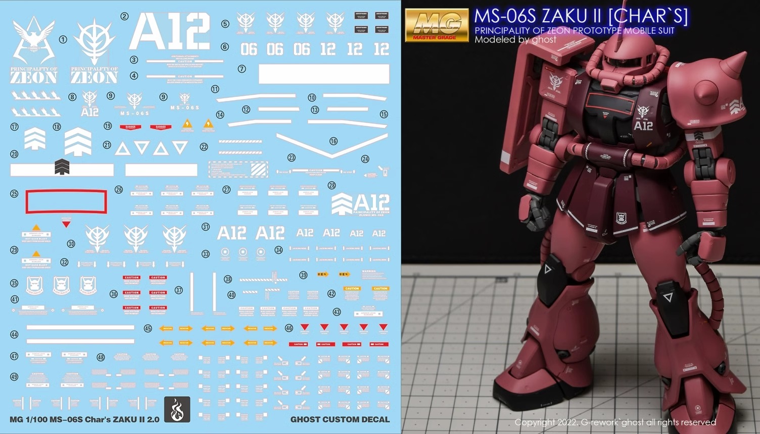 Water Decal 010 MG1/100 Char`s ZAKU II 2.0 ยี่ห่อ Ghost-Decal