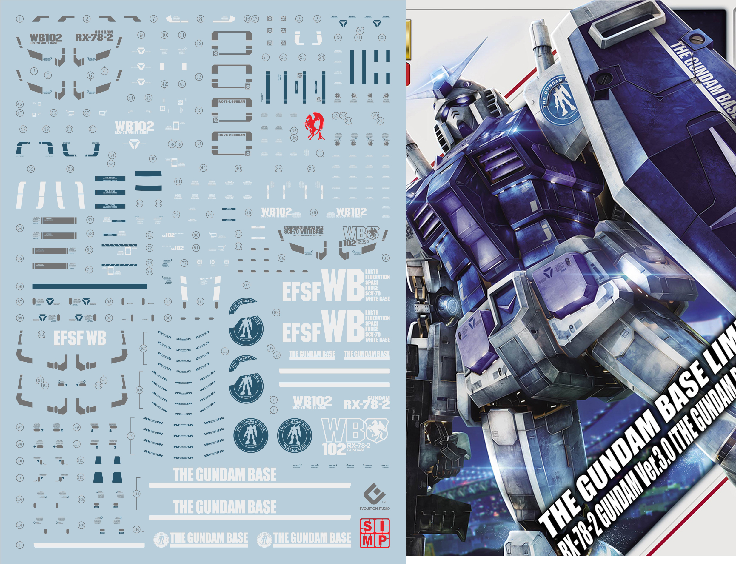 031 Water Decal MG1/100 RX-78-2 Gundam Ver.3.0 [GBT] Blue Color ยี่ห่อ S.I.M.P. Model Decal