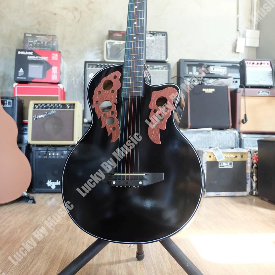 กีตาร์โปร่ง Kazuki KZ38OV-BK สีดำ ลายฉลุ สีดำ ลายฉลุ ลูกบิดเหล็กอย่างดี แถมปิ๊กกีต้าร์+ใบคอร์ด