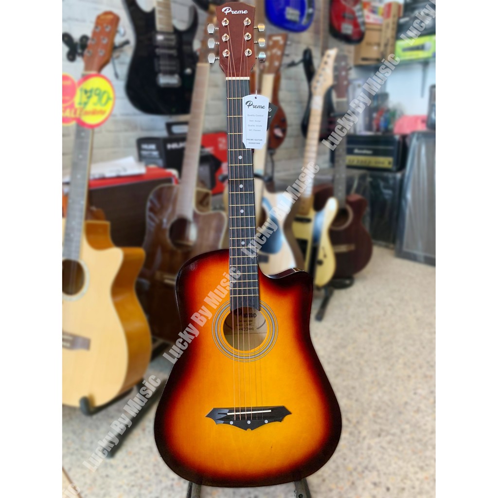 กีตาร์โปร่ง 38 นิ้ว Preme ลูกบิดโครเมียม สีซันเบิร์ดฟรีกระเป๋า คาโป้ สายสำรอง ปิ๊ก ที่เก็บปิ๊ก และ สายสะพาย