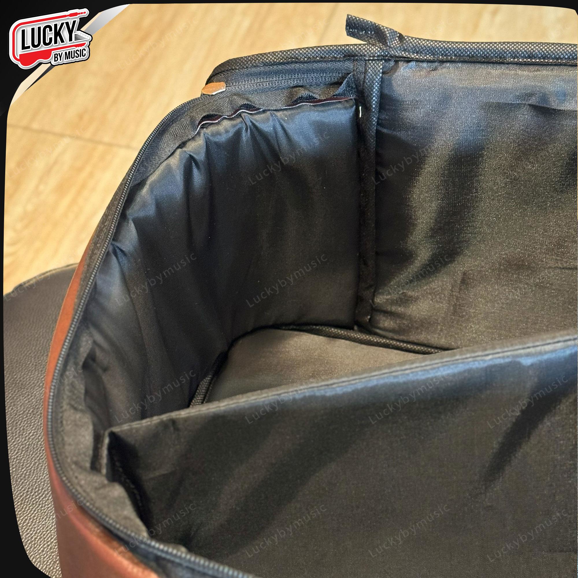 Takane กระเป๋ากระเดื่อง Japan วัสดุหนัง สีน้ำตาล-ขอบดำ มีหูหิ้ว/สายสะพาย มียางรองก้น บุฟองน้ำหนา 12 มิล