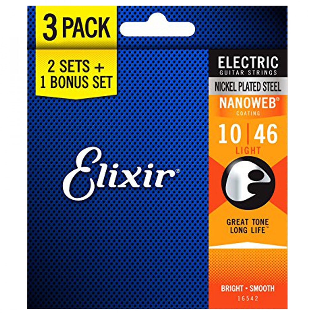 [1กล่อง3ชุด] Elixir® PACK สายกีตาร์ไฟฟ้าเคลือบกันสนิม Nickel Plated Steel Nanoweb เบอร์ 10 (10-46) | ของแท้ Made in USA. #16542