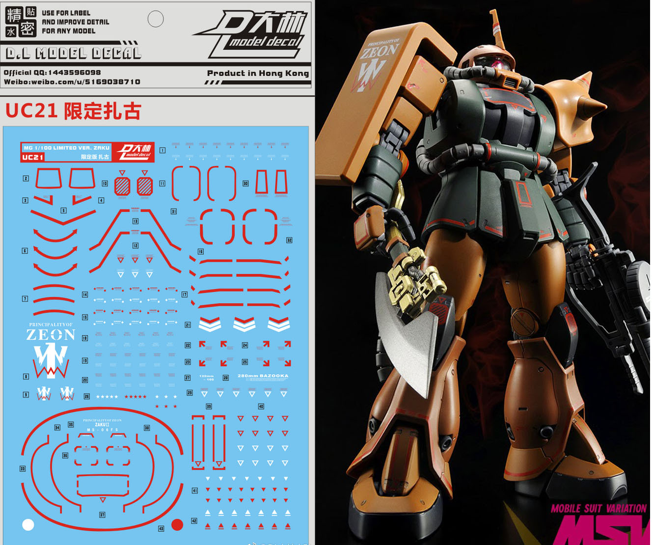 Decal UC21 MG1/100 MS-06FS Zaku II Garma Custom ยี่ห่อ DL-model