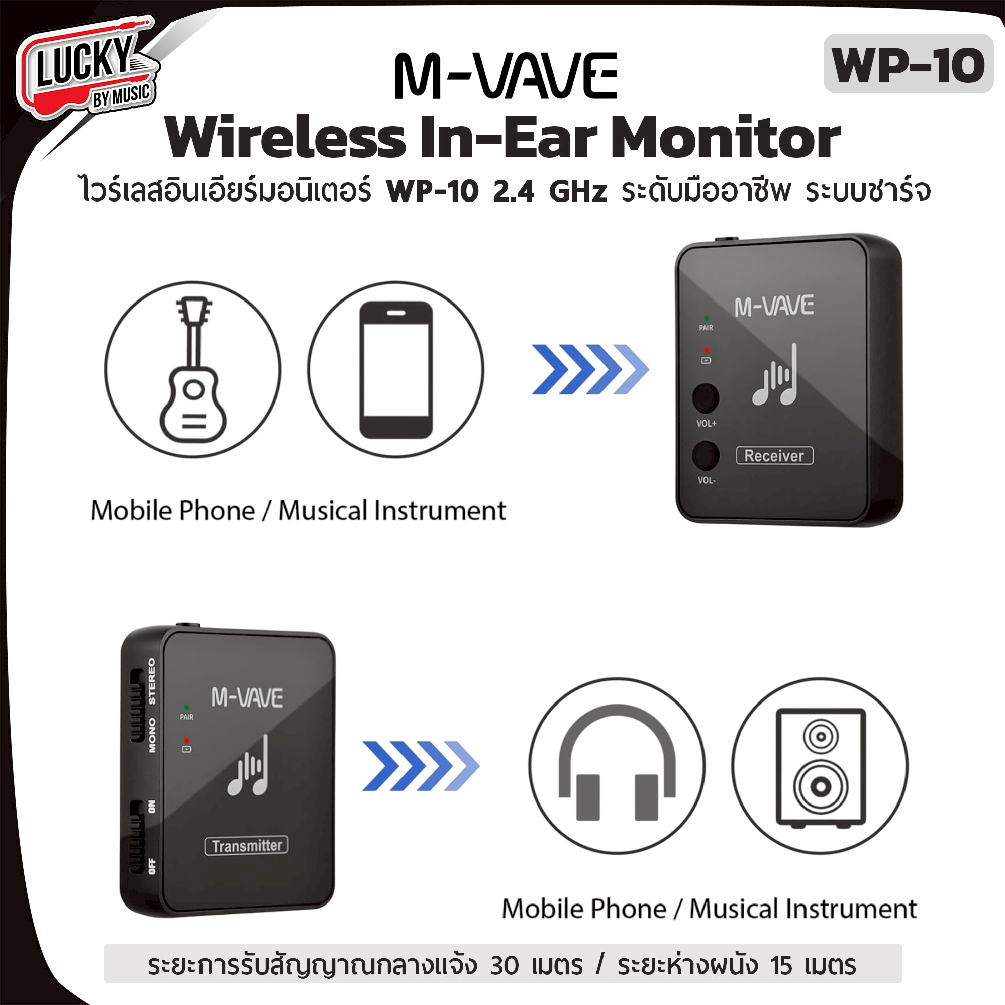 M-VAVE WP-10 2.4 GHz Wireless In-Ear Monitor System ระยะการส่งข้อมูลไกลถึง 30 เมตร