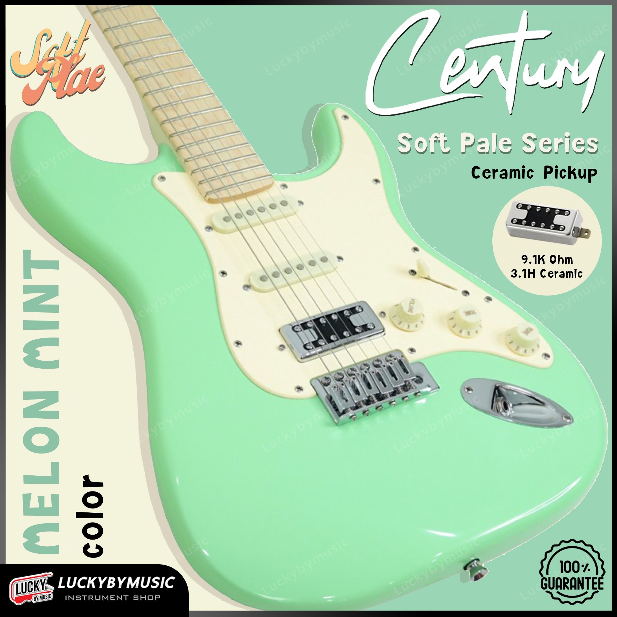 กีต้าร์ไฟฟ้า Century Soft Pale Series HSS สี Melon Mint สีพาสเทล เล่นได้หลายแนว ฟรี สายแจ็ค ปิ๊ก ประแจ