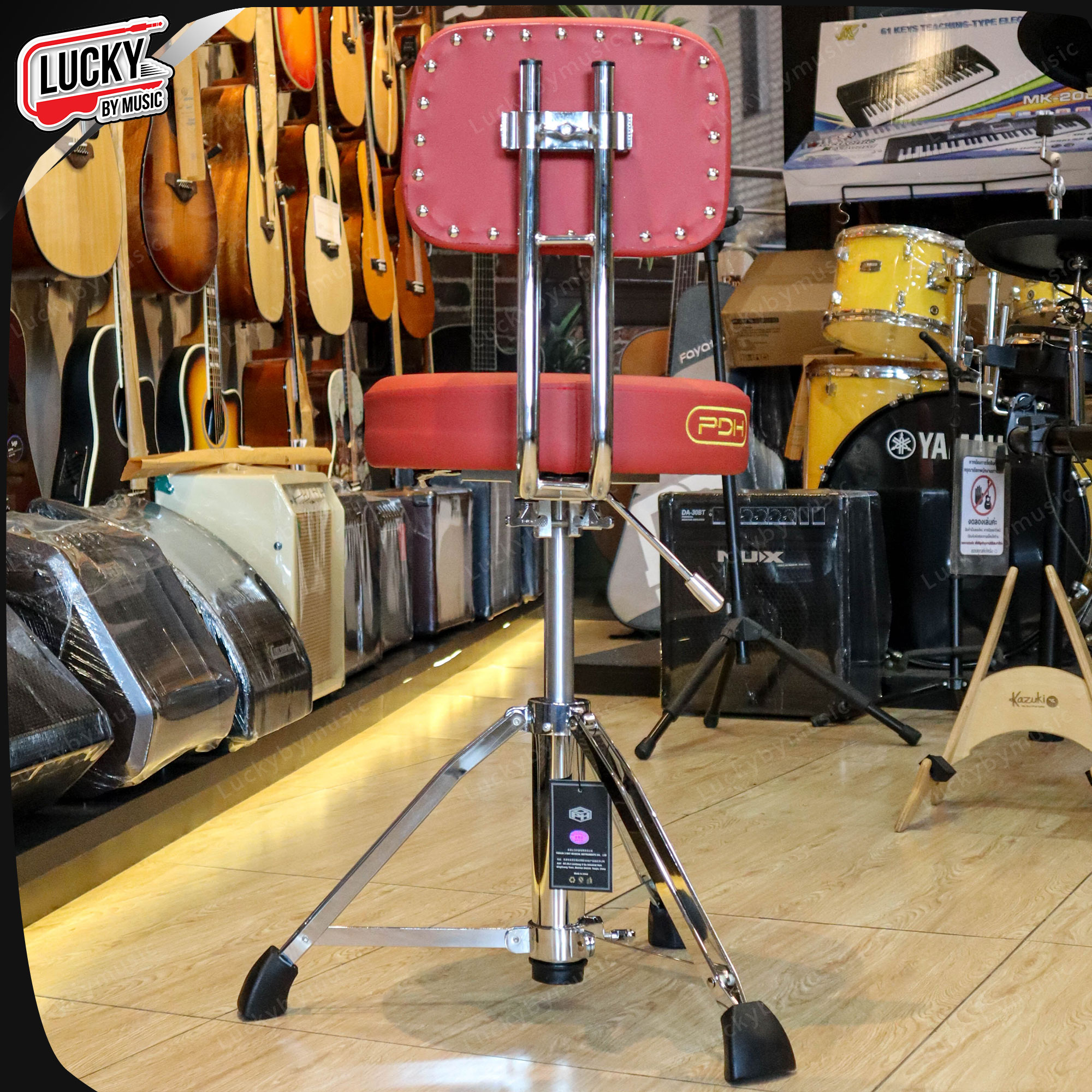 เก้าอี้กลอง PDH แบบมีพนักหนังล้วน รุ่น SW-DT-44 สีแดง เก้าอี้ตีกลอง มีโช็ค ปรับระดับได้ ขาแข็งแรง