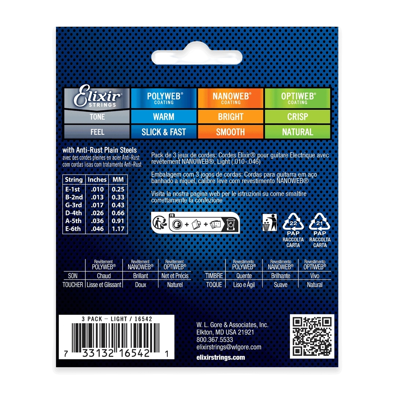 3 แพ็ค สายกีตาร์ไฟฟ้าเคลือบสนิม Elixir Nanoweb เบอร์ 10 / 46 (16542)