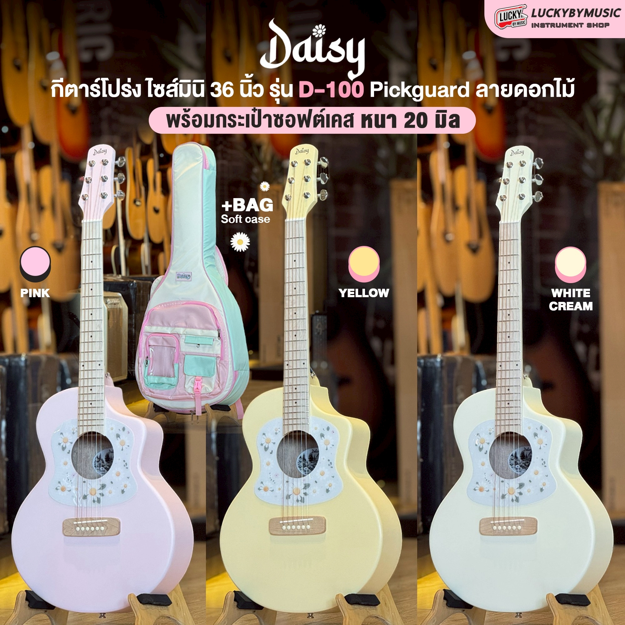 Daisy กีตาร์โปร่ง รุ่น D-100 New ขนาด 36 นิ้ว เปลี่ยนลายปิ๊กการ์ด พร้อมซอฟเคส ปิ๊ก4อัน คู่มือ