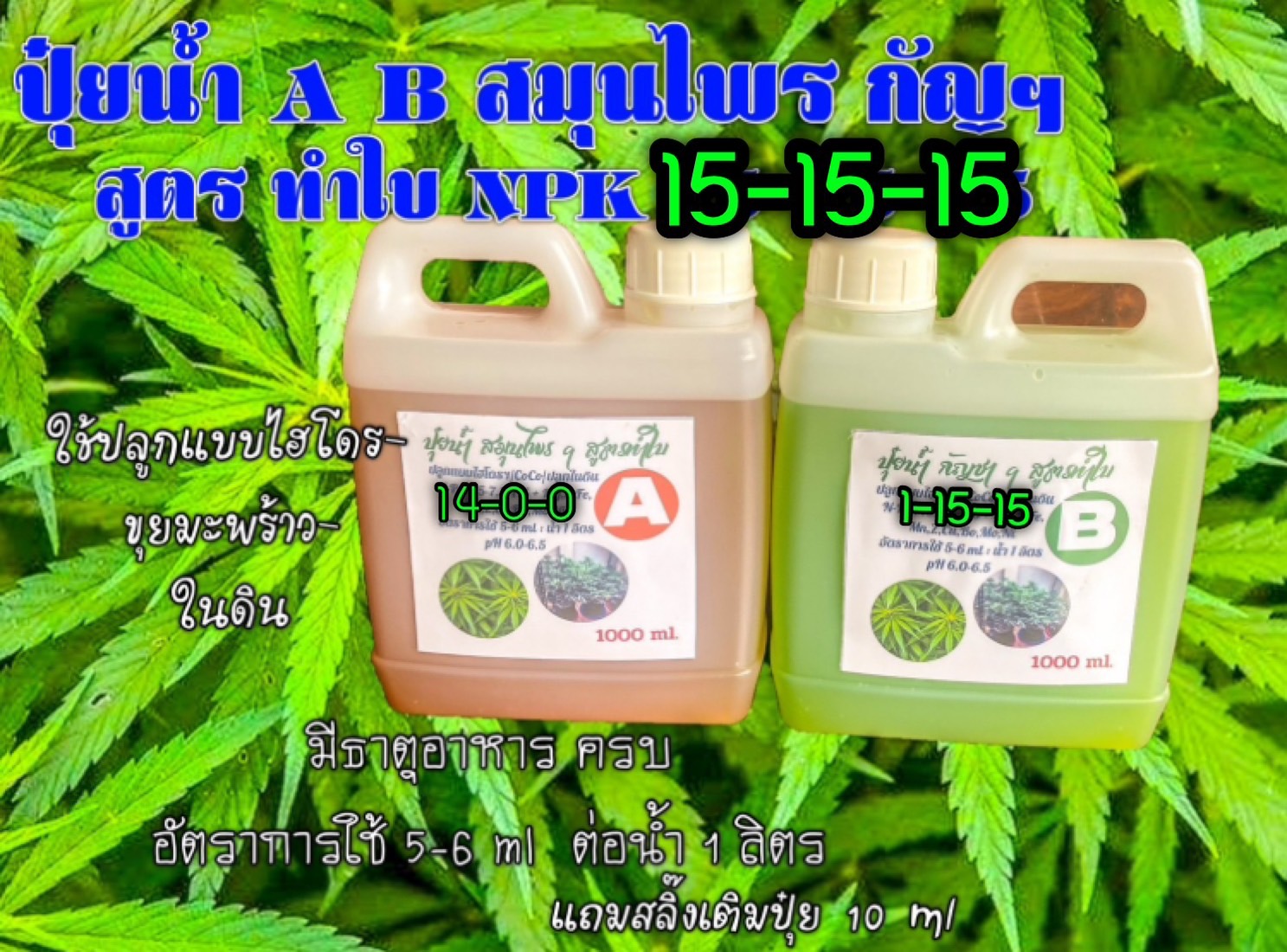 ปุ๋ยน้ำ AB กัญชา ฯ สูตร 15-15-15 ชุดคู่ 1 ลิตร