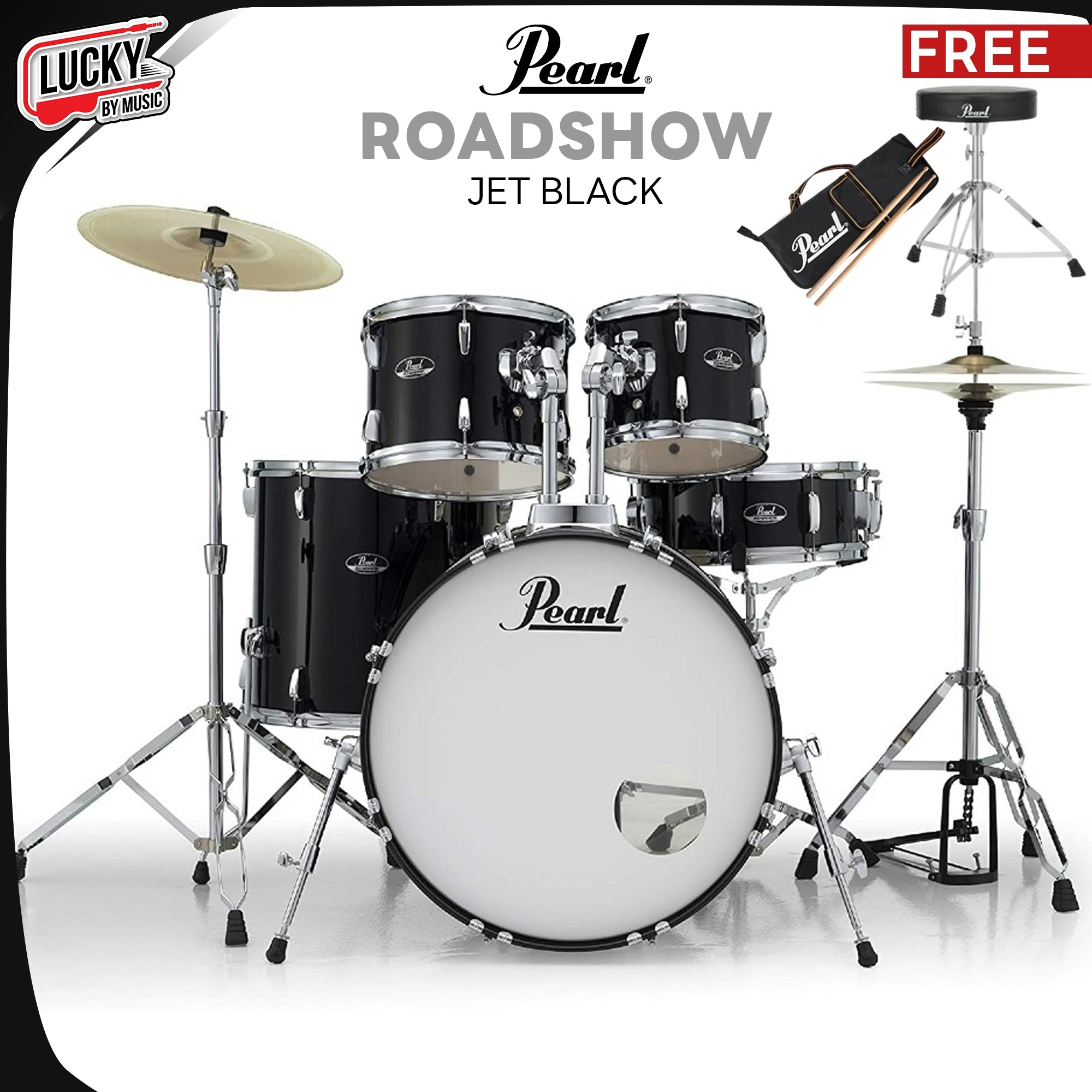 กลองชุดใหญ่ Pearl Roadshow Jet Black พร้อมอุปกรณ์ครบชุด กระเดื่องโซ่คู่ ขาตั้งและเก้าอี้ เป็นขาคู่แข็งแรง