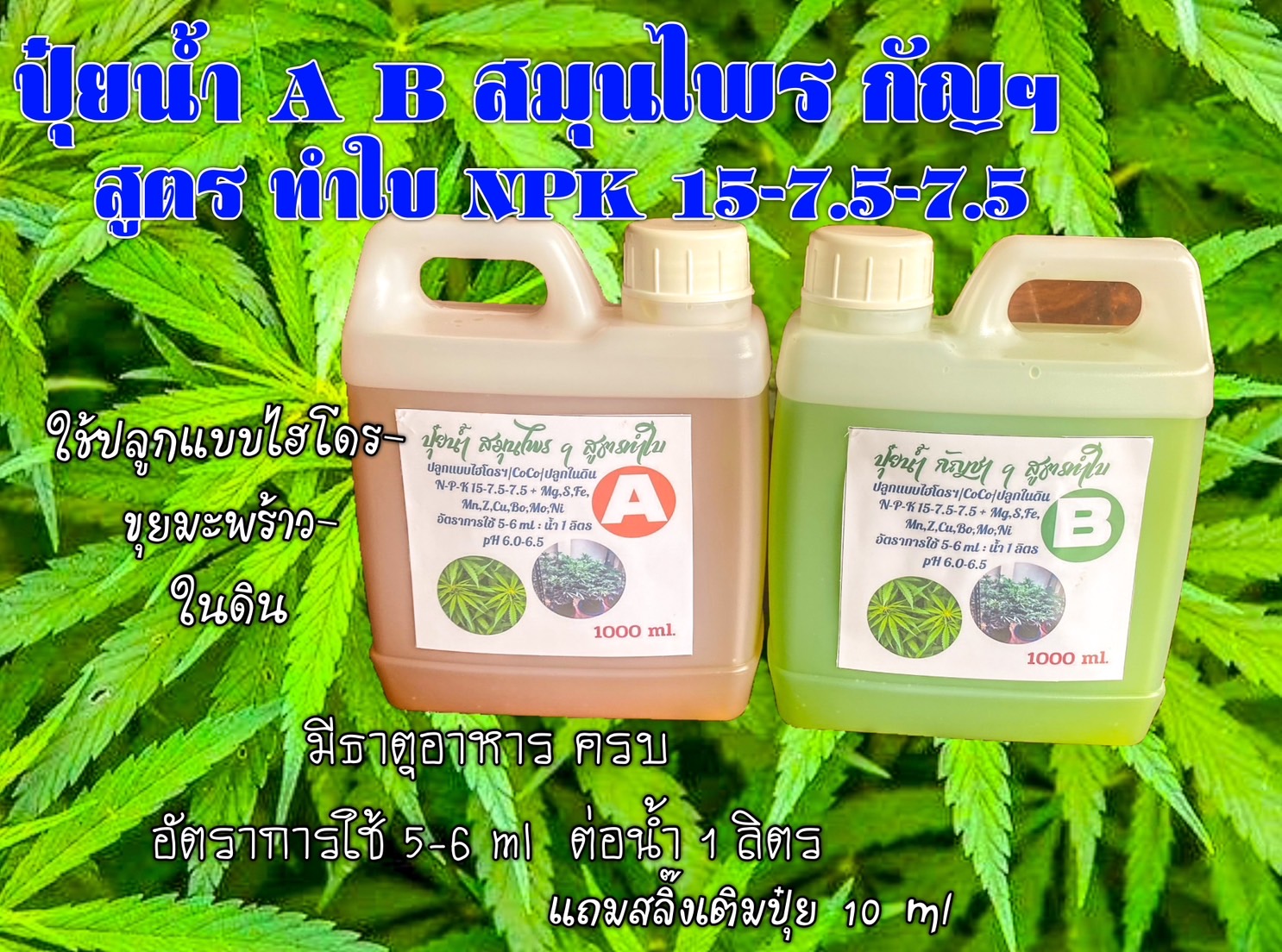 ปุ๋ยน้ำ สมุนไพร ฯ ทำใบ สูตร 15-7.5-7.5 ชุดคู่ 1 ลิตร