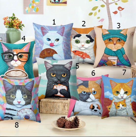 หมอนอิงลายน้องแมวน่ารัก หลายแบบ สีสันสดใส มีลาย2ด้าน ผ้านุ่ม หมอนอิงตกแต่งบ้าน หมอนอิงตกแต่งคาเฟ่