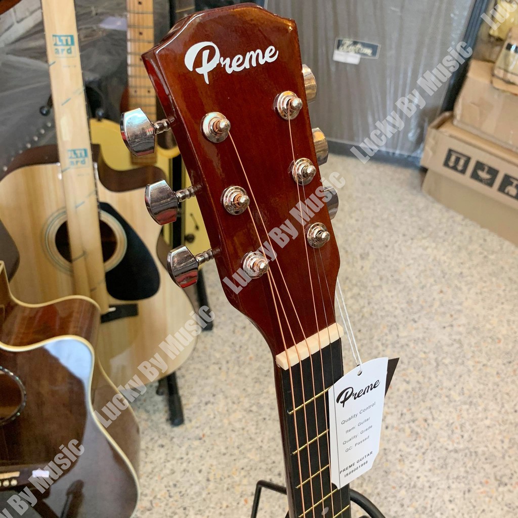 กีตาร์โปร่ง 38 นิ้ว Preme ลูกบิดโครเมียม สีซันเบิร์ดฟรีกระเป๋า คาโป้ สายสำรอง ปิ๊ก ที่เก็บปิ๊ก และ สายสะพาย