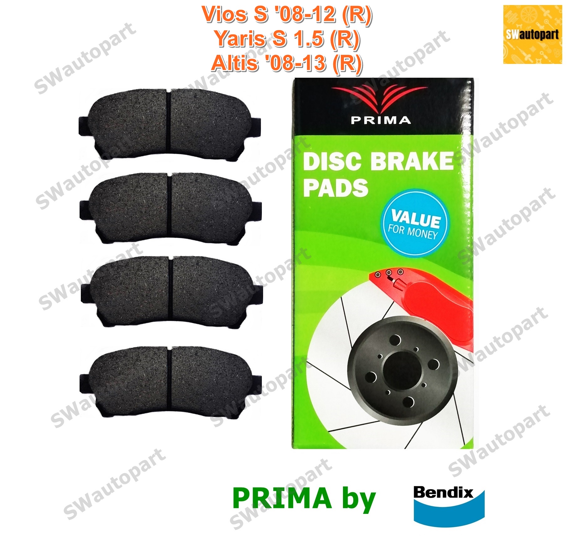 Prima ผ้าเบรคคู่หลัง Toyota ALTIS ปี 08-13, YARIS 1.5S(TOP) ปี 06-12, VIOS 1.5S ปี 08-12, PRIUS 1.8 ปี 10-12 PDB1786