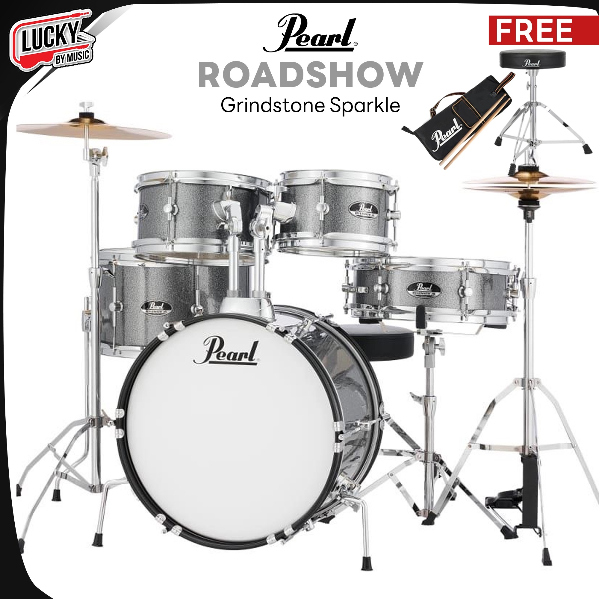 กลองชุดใหญ่ Pearl Roadshow Grindstone Sparkle พร้อมอุปกรณ์ครบชุด กระเดื่องโซ่คู่ ขาตั้งและเก้าอี้ เป็นขาคู่แข็งแรง