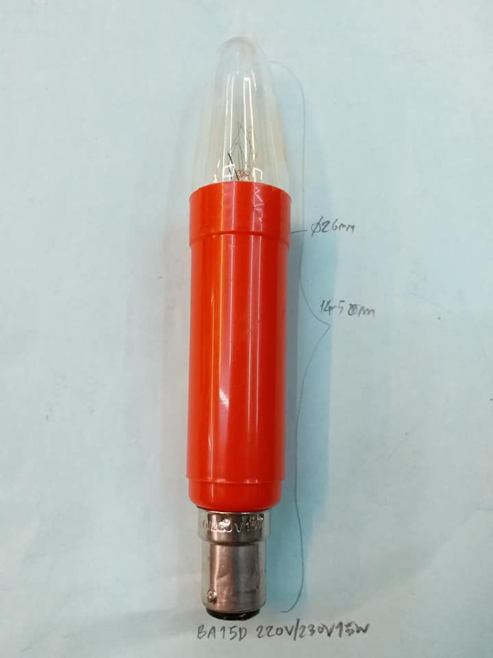 หลอดไฟเจ้าที่หลอดไฟเทียนแดงหลอดใสหลอดไฟ220V-240VAC15Wขั้วBA15Dขั้ว2จุดชนาดเส้นผ่านศูนย์กลางขั้วอ้วน15mmหลอดไฟ220VACหลอดไส้220VACหลอดสีใสขนาดเส้นผ่านศูนย์กลางอ้วน26มม.ยาว145มม.ขาลวดทองแดงขายหลอดไฟหลอดไส้หลอด220V(26x145mm)ราคาดวงล่ะราคาตัวล่ะ