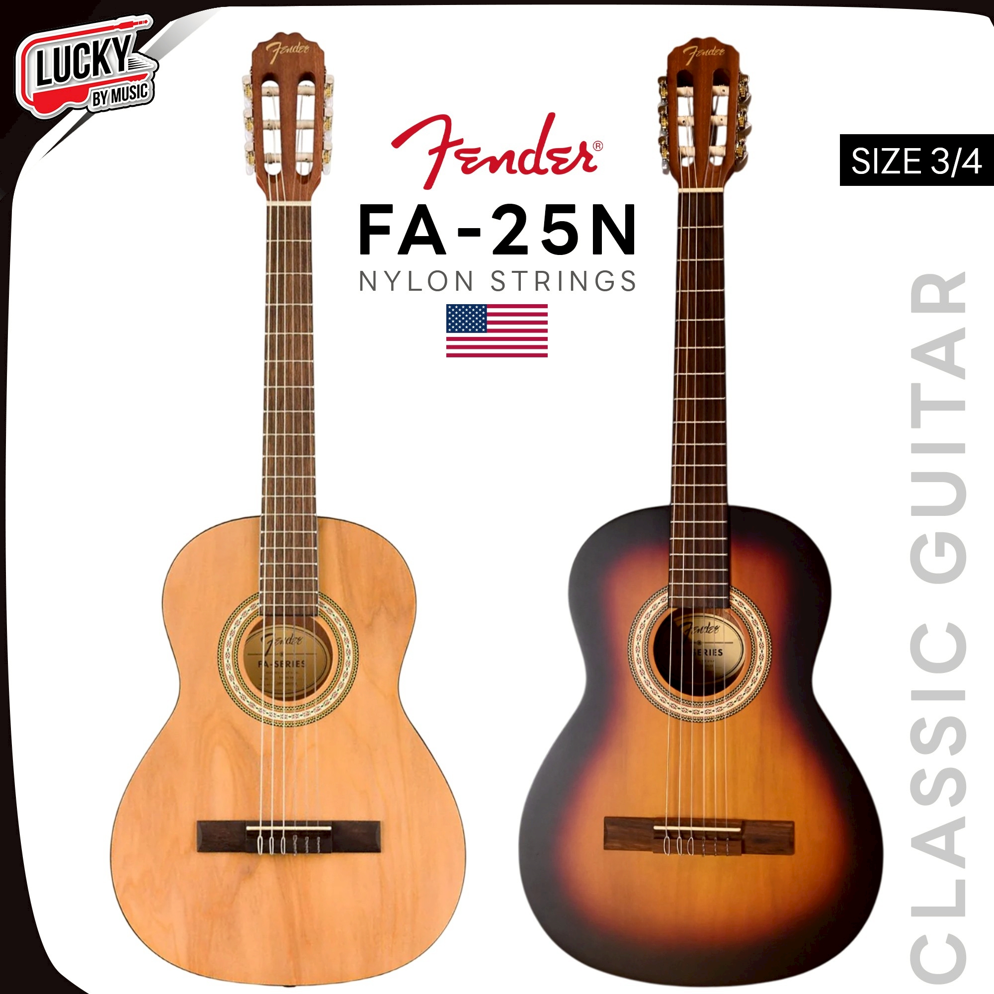 กีตาร์คลาสสิค Fender FA-25N 3/4 Size Nylon String มีเหล็กขันคอ พร้อม ประแจขันคอ