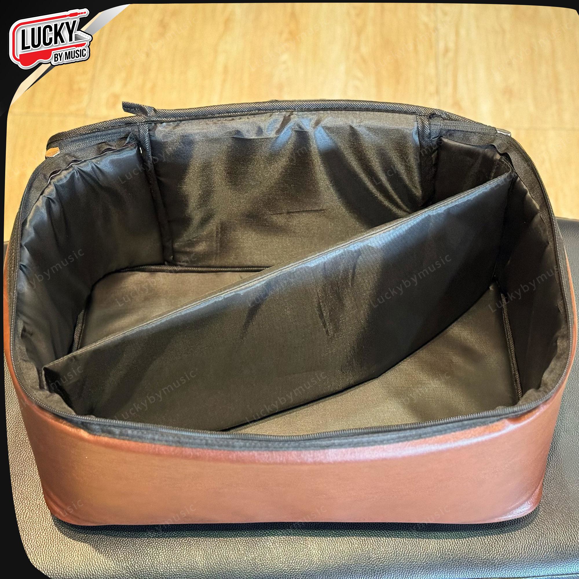 Takane กระเป๋ากระเดื่อง Japan วัสดุหนัง สีน้ำตาล-ขอบดำ มีหูหิ้ว/สายสะพาย มียางรองก้น บุฟองน้ำหนา 12 มิล