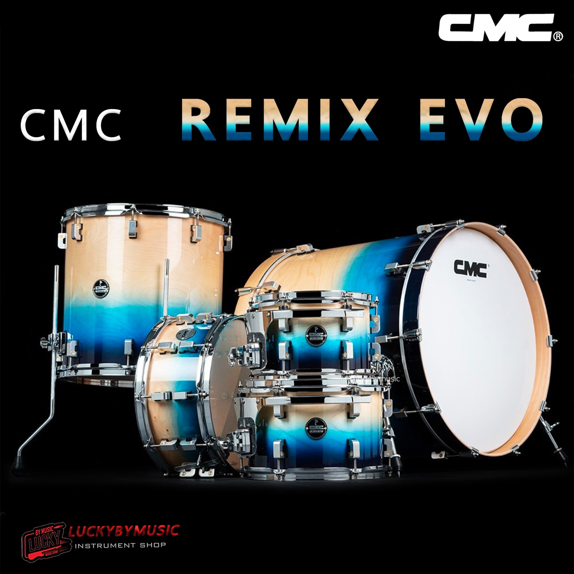 [พร้อมส่ง/ส่งด่วน🚚]กลองชุด CMC รุ่น Remix EVO ( ไม้ American Maple + European Birch ) กลองชุดใหญ่ Drumset + Snare สี Aqua Blue Fade