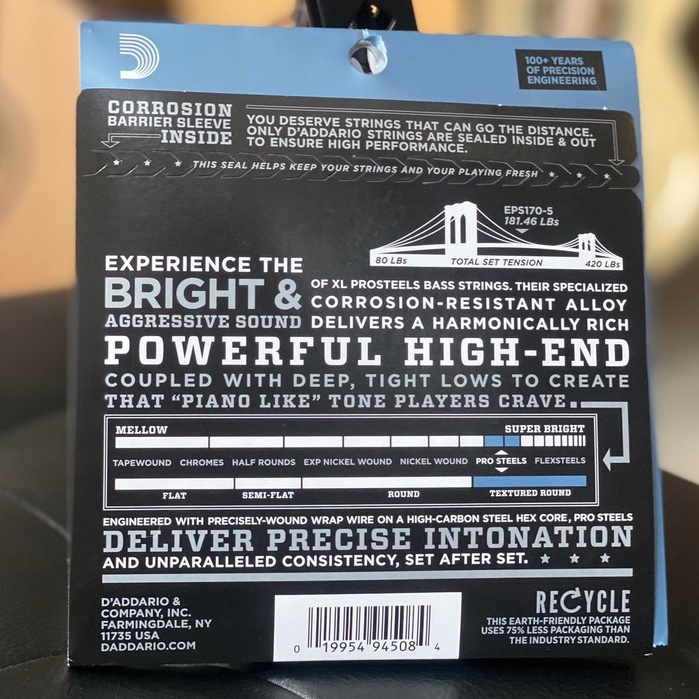 สายเบส 5 สาย D’Addario สายเบส รุ่น EPS170-5 PROSTEELS LIGHT 45-130, LONG SCALE สายกีต้าร์เบส + ของแท้ รองรับการเล่นที่หลากหลาย