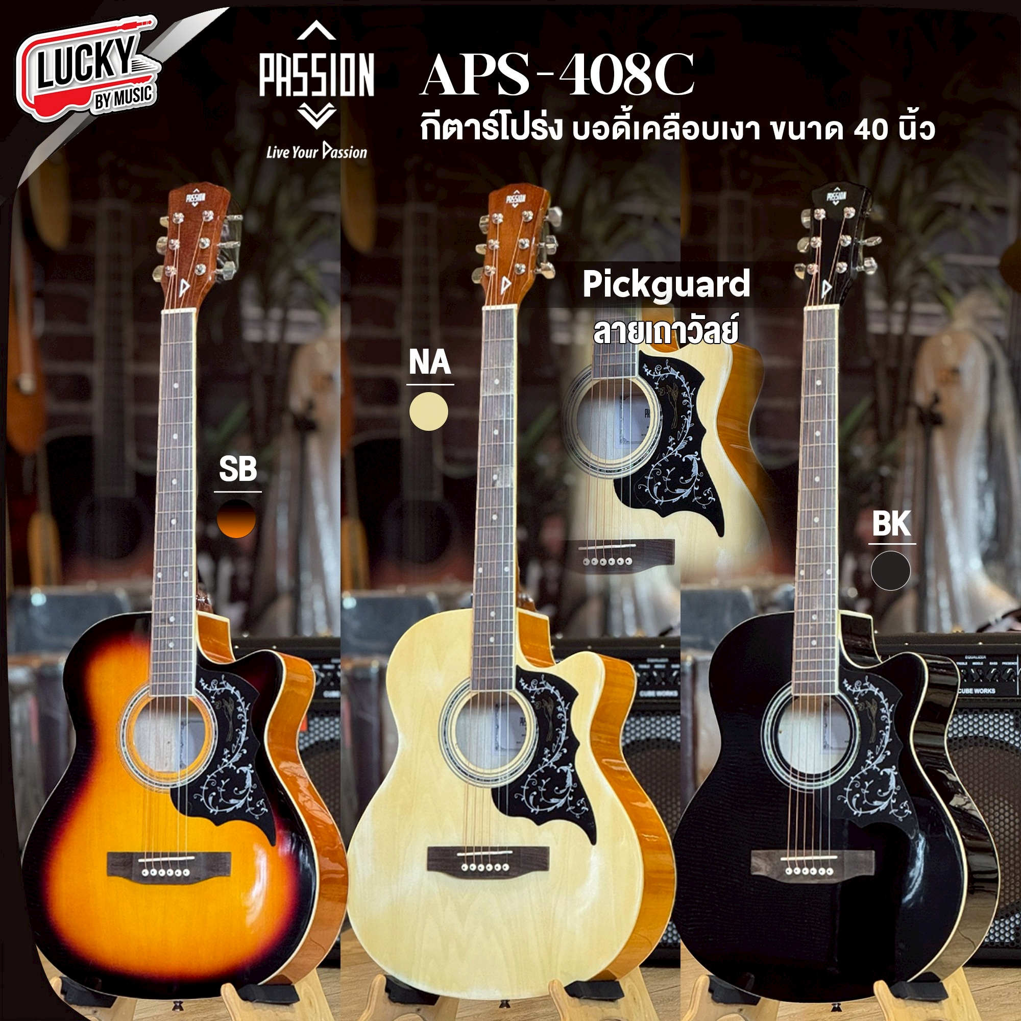 PASSION APS-408C กีตาร์โปร่ง บอดี้เคลือบเงา ขนาด 40 นิ้ว สีไม้ / สีดำ / สีซันเบิร์ส pickguard ลายเถาวัลย์