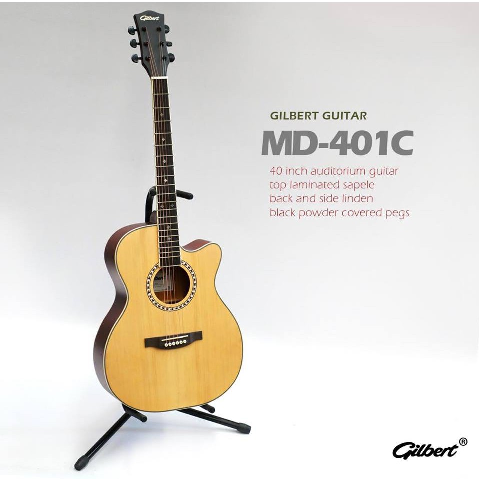 กีต้าร์โปร่ง Gilbert MD401C ขนาด 40 นิ้วสีไม้ทรง Cutaway แถมฟรี กระเป๋ากีต้าร์ Yamaha+ปิ๊กกีต้าร์ + เครื่องตั้งสายกีต้าร์โปร่งTop spuce