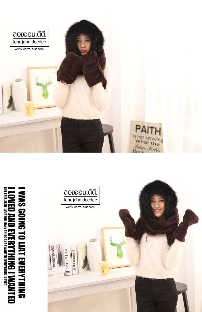 เซ็ตหมวก&ผ้าพันคอ 2in1 set c แต่งเฟอร์รอบหมวก อุ่น&หรูหรา