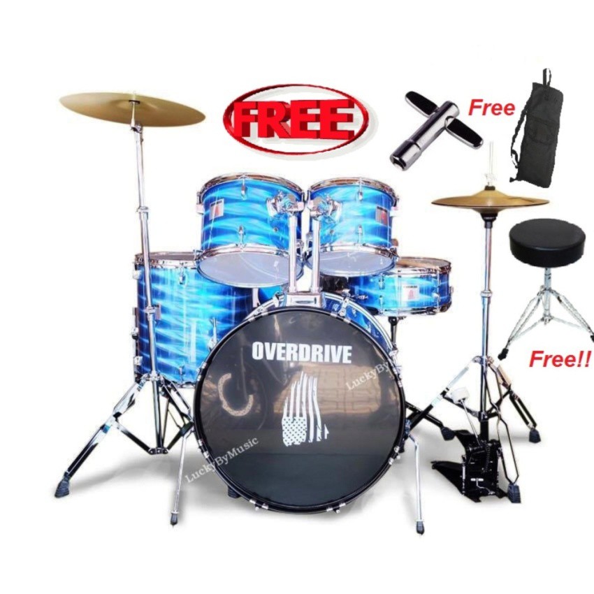 กลองชุด ขนาดใหญ่ OVERDRIVE สีฟ้าเลเซอร์ ครบชุดพร้อมฉาบ