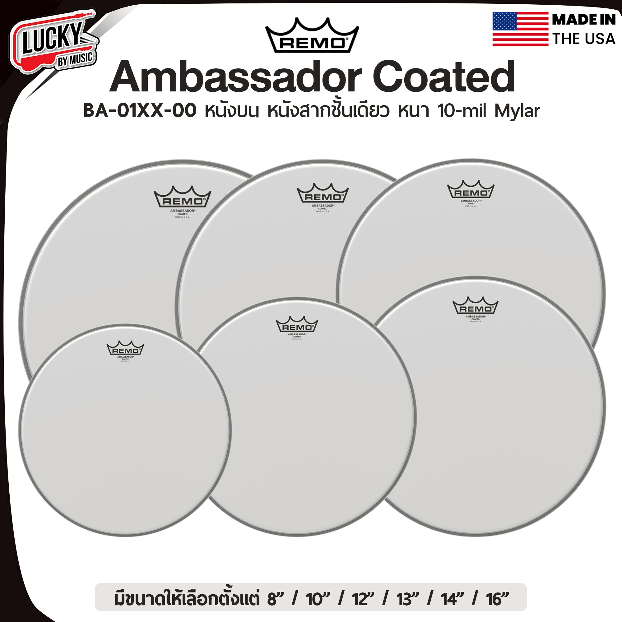 หนังกลอง REMO หนังทอมด้านตี หนังสากชั้นเดียว หนา10Mil รุ่น Ambassador Coated [BA-01XX-00]
