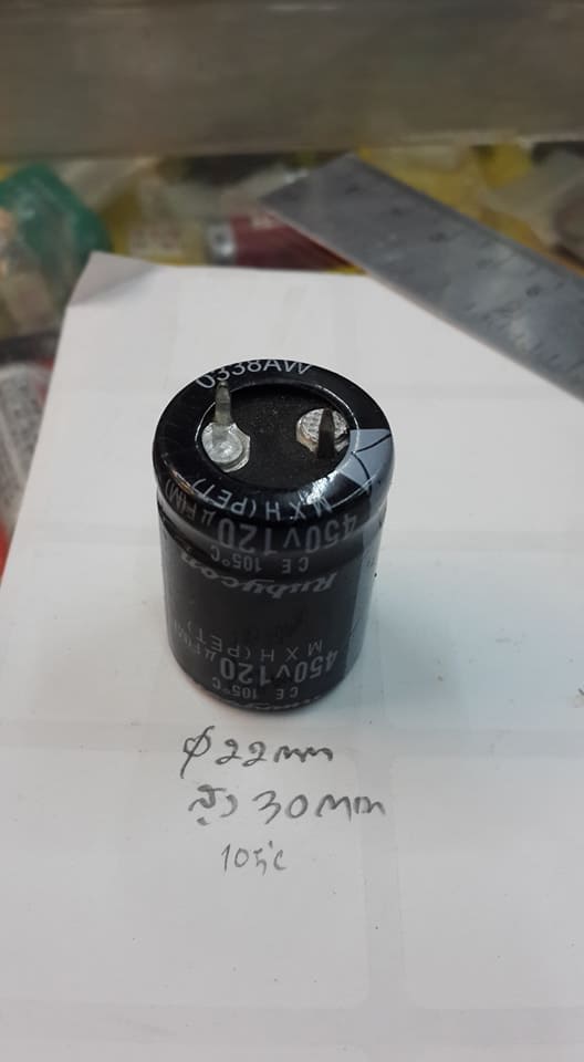 C120UF450VDC105Cขาเขี้ยวเส้นผ่านศูนย์กลาง22มมสูง30มมคาปาซิเตอร์อิเลคโครไลท์CAPACITOR ELECTROLYTIC VDC(22x30mm)