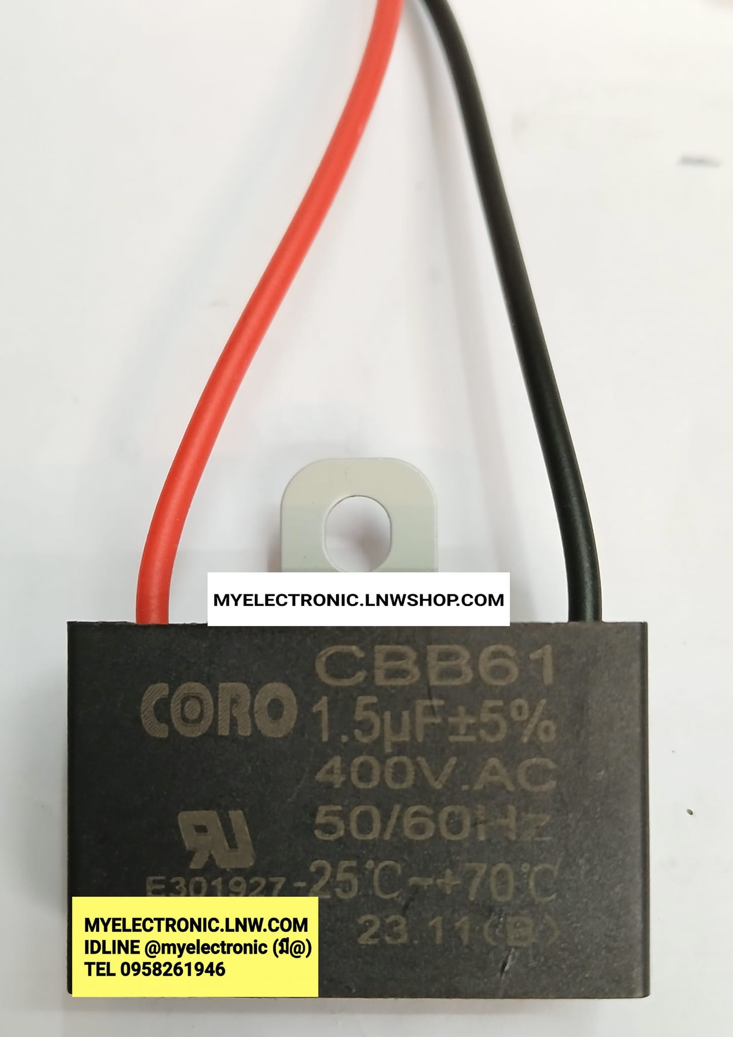 ขาย 1.5UF400V AC มีสายไฟ คาปาซิเตอร์ พัดลม รุ่น CBB61 ยี่ห้อ CORO กว้าง37มม.สูง24มม.หนา15มม. C2.5UF400V AC CAPACITOR ราคา ตัวละ . . . . หน่วย บาท