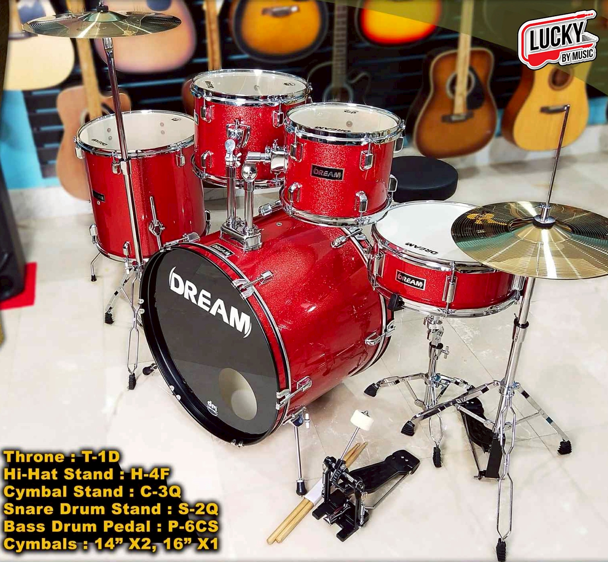 กลองชุดใหญ่ Dream รุ่น DBP-1022 สีแดงขอบโครเมี่ยม