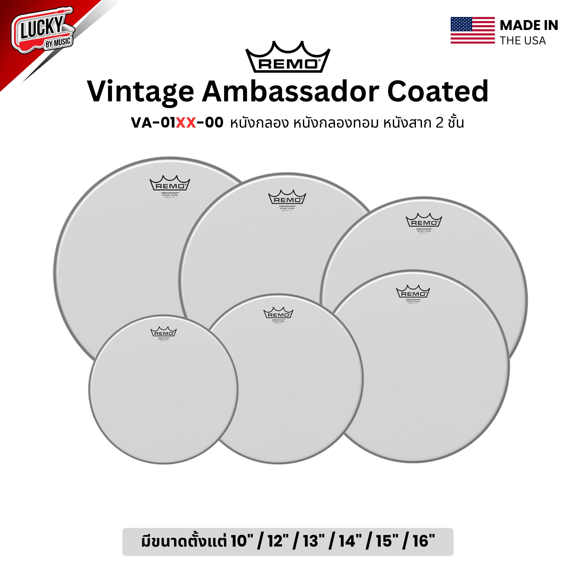 หนังกลอง REMO หนังกลองทอม หนังสาก2ชั้น รุ่นVintage Ambassador Coated [VA-01XX-00]