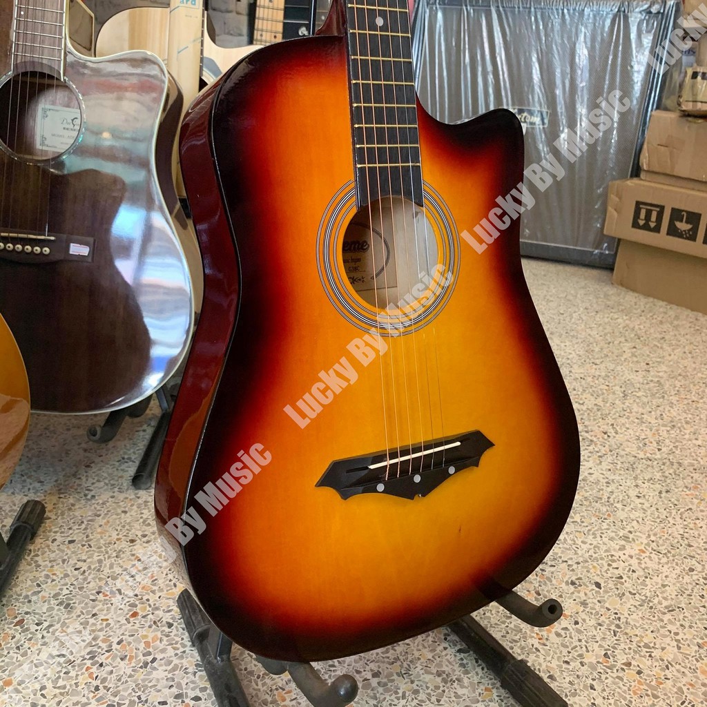 กีตาร์โปร่ง 38 นิ้ว Preme ลูกบิดโครเมียม สีซันเบิร์ดฟรีกระเป๋า คาโป้ สายสำรอง ปิ๊ก ที่เก็บปิ๊ก และ สายสะพาย