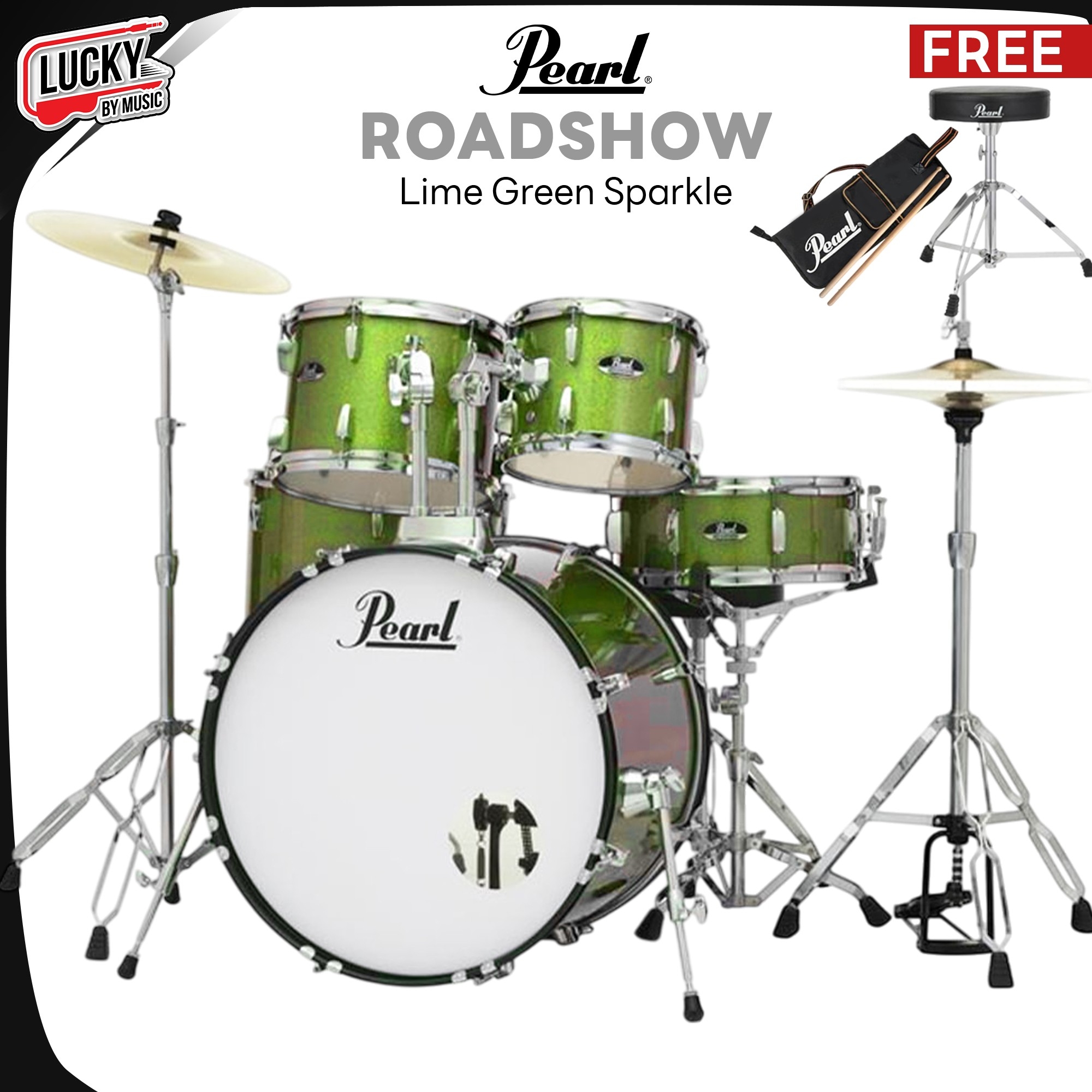 กลองชุดใหญ่ Pearl Roadshow Lime Green Sparkle พร้อมอุปกรณ์ครบชุด กระเดื่องโซ่คู่ ขาตั้งและเก้าอี้ เป็นขาคู่แข็งแรง