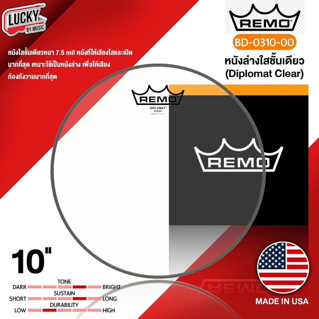 Remo หนังกลอง รุ่น BA-0310-00 ขนาด 10″ หนังล่างใสชั้นเดียว หนังกลอง หนังล่างกลองชุด [ของแท้] มีปลายทาง