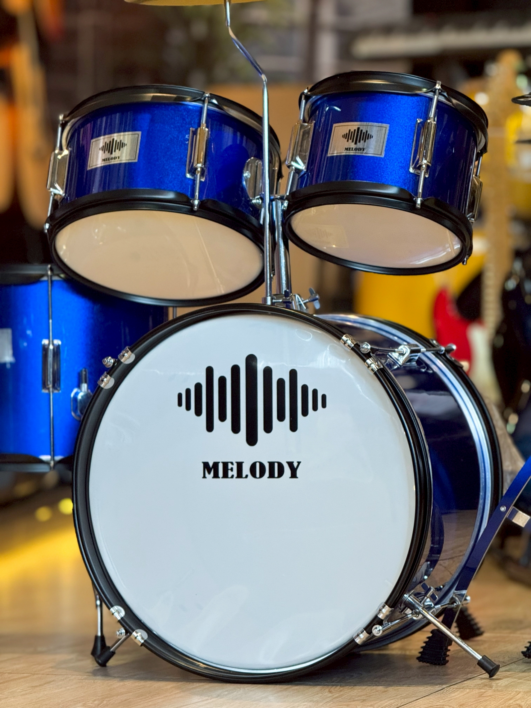 กลองชุดเด็ก MELODY สีน้ำเงิน กลองชุด 5 ใบ พร้อมอุปกรณ์ครบชุด ขอบโครเมียม แถมฟรี เก้าอี้กลอง+ไม้กลอง!!