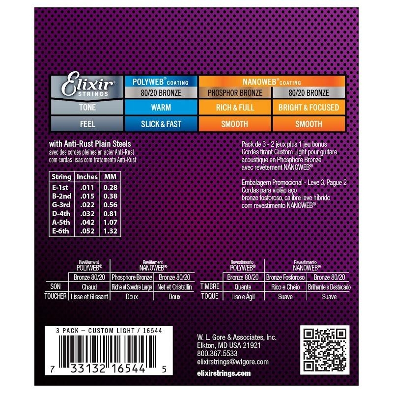 3 แพ็ค สายกีตาร์โปร่งเคลือบสนิม Elixir Nanoweb เบอร์ 11 / 52 (16544)