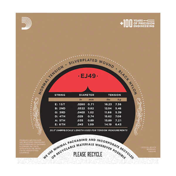 สายกีต้าร์คลาสสิค D'Addario EJ49 แบบพรีเมียม BLACK NYLON ของแท้ 100% (Normal Tension) - ครบชุด 6 เส้น