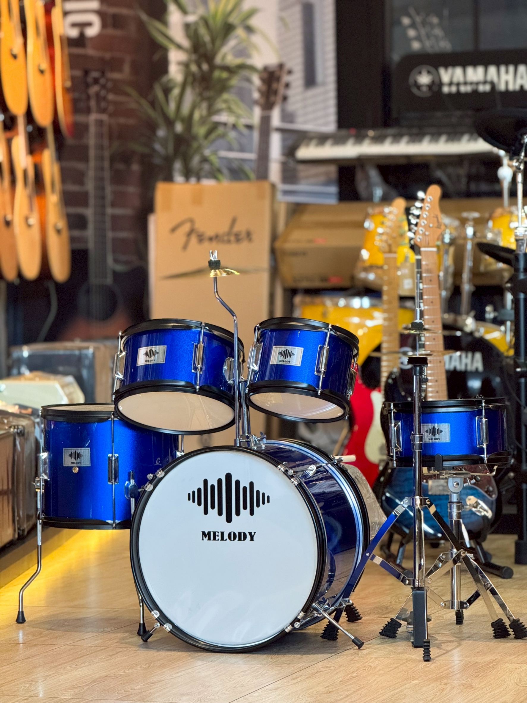 กลองชุดเด็ก MELODY สีน้ำเงิน กลองชุด 5 ใบ พร้อมอุปกรณ์ครบชุด ขอบโครเมียม แถมฟรี เก้าอี้กลอง+ไม้กลอง!!