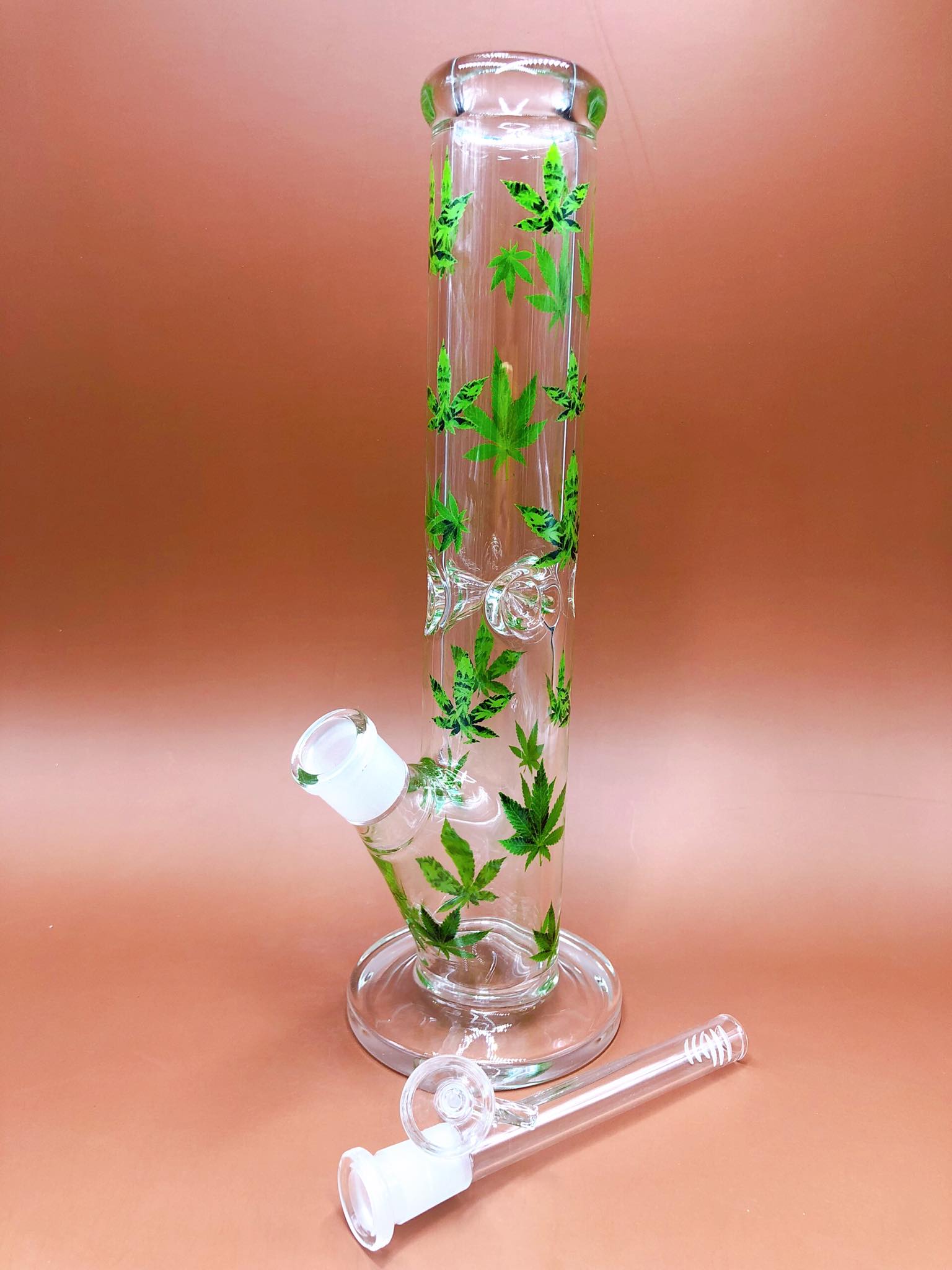 Ganja Leaf Cylinder Glass Bong (Green)(6 mm.)
