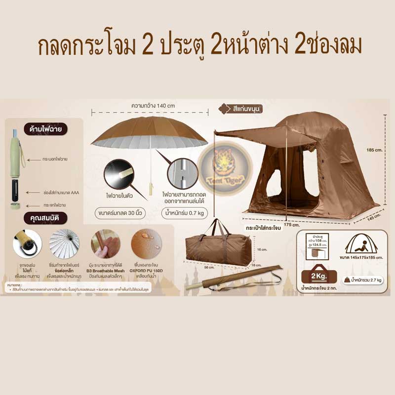 กลด3ฤดู แบบมีพื้น 2ประตู 2หน้าต่าง 2ช่องลม รุ่น TM229CS (ครบชุด)