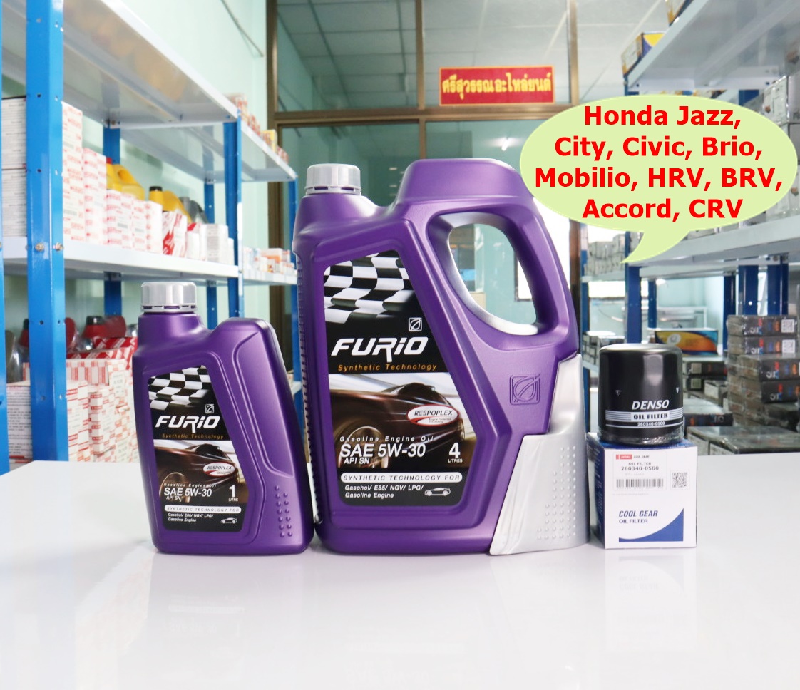 FURIO F2 SAE 5W-30 น้ำมันเครื่องบางจากกึ่งสังเคราะห์ 4+1 ลิตร ไส้กรองน้ำมันเครื่อง Honda ทุกรุ่น เดนโซ่