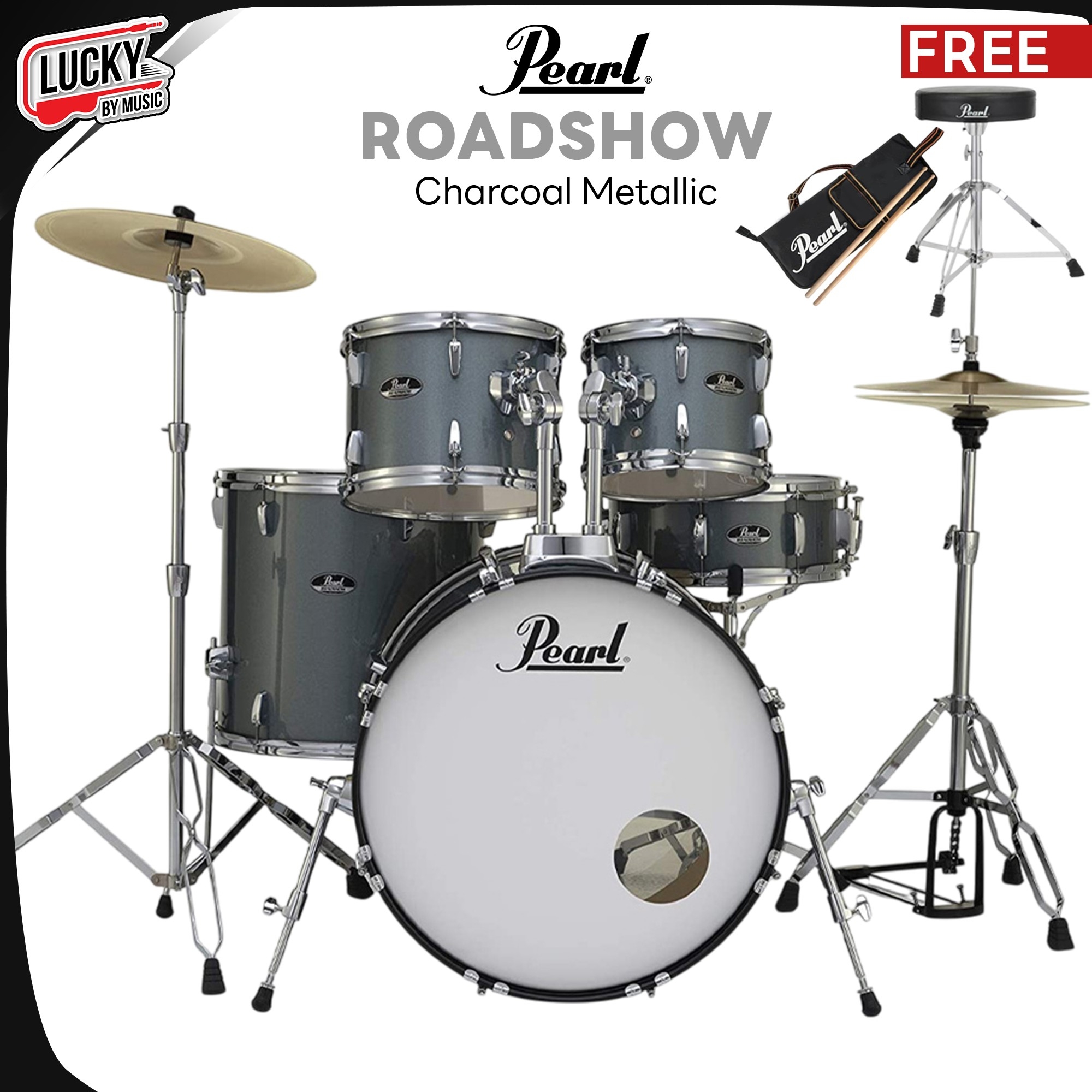 กลองชุดใหญ่ Pearl Roadshow Charcoal Metallic เก็บเงินปลายทาง พร้อมอุปกรณ์ครบชุด กระเดื่องโซ่คู่ ขาตั้งและเก้าอี้ เป็นขาคู่แข็งแรง