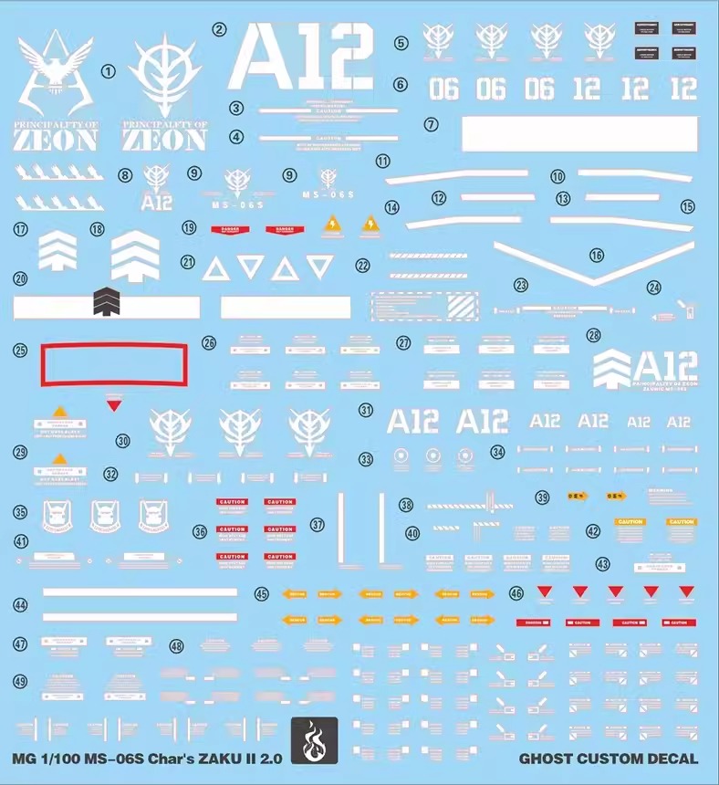 Water Decal 010 MG1/100 Char`s ZAKU II 2.0 ยี่ห่อ Ghost-Decal