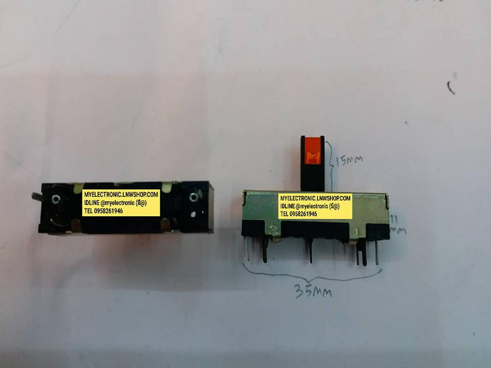 ขาย โวลุ่มสไลด์มีLED 7ขา โวลุ่มสไลด์7ขามีLED B100K ยี่ห้อ ALPHA โวลุ่ม100KB สไลด์ ตัวลยาว35มม.แกนยาว15มม.ตัวสูง11มม. ของแท้ ตัวละ . . . . หน่วย บาท.