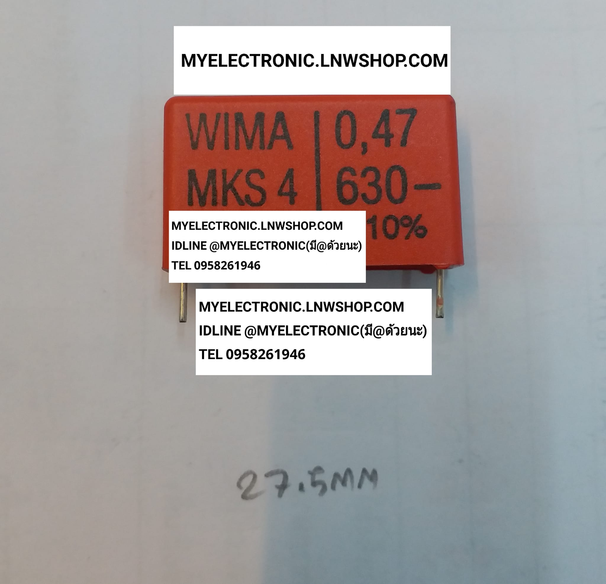 ขาย 0.47UF630V 470NF630V MKS4 ยี่ห้อ WIMA ขาห่าง22.75มม 22.75MM. คาปาซิเตอร์ โพลีเอสเตอร์ CAPACITOR POLYSTOR ราคา ตัวละ . . . หน่วย บาท