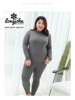ลองจอนหญิง คอตต้อนหนาผสมวูล บิ๊กไซด์ พลัส สีเทา(เสื้อ+กางเกง)