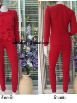 ชุดลองจอน หญิงสีแดง ลายหัวใจวูลด้านแพทเทิร์นด้านนอกตัวเสื้อ(เสื้อ+กางเกง)